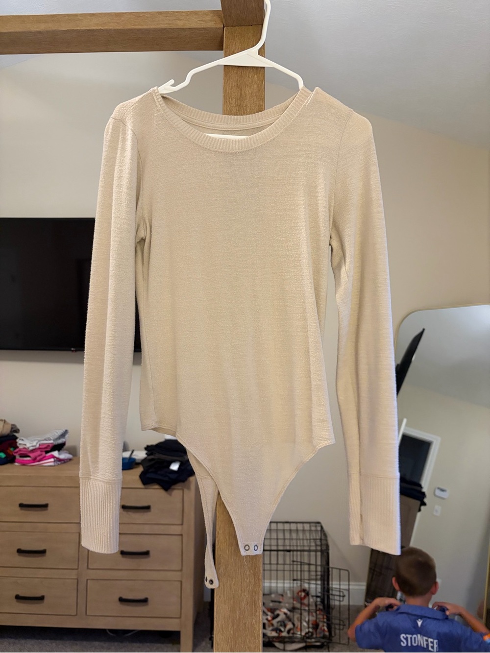 Abercrombie & Fitch Cream Long-Sleeve Soft AF Bodysuit